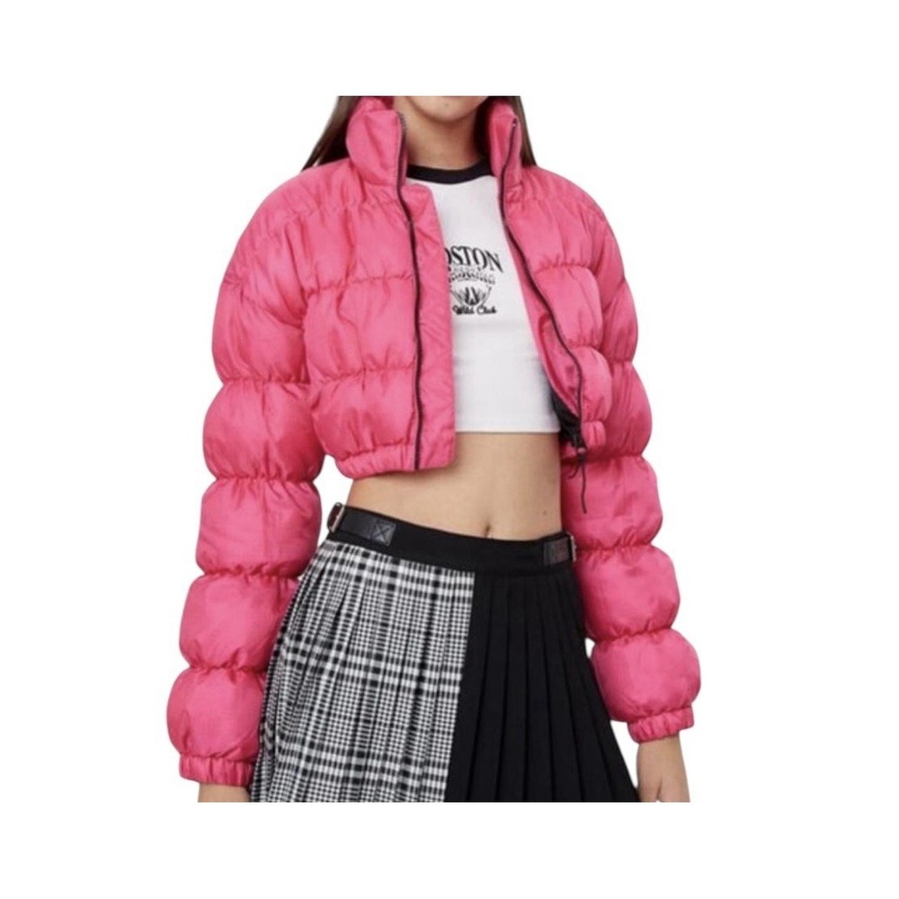 Bershka Cropped Puffer Jacket Women's Small Hot Pink Winter Coat Outdoor Pockets